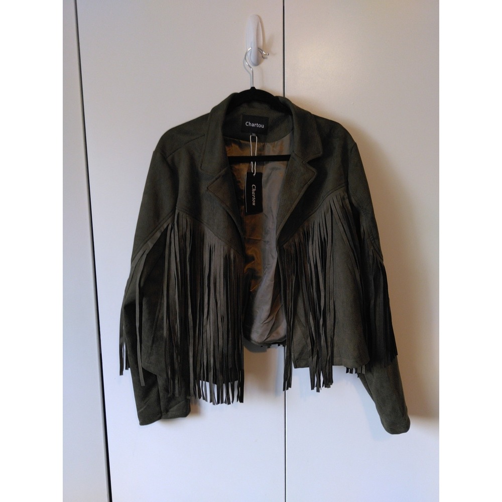 Women Fringed Faux Suede Moto Jacket Size 2x Fits XL Olive Green Western Cowgirl